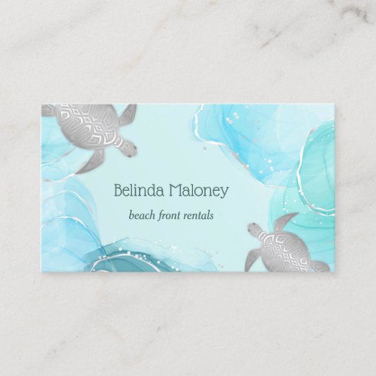 Silver Turtle Blue Ink Coastal QR Code Visitenkarte (Vorderseite)