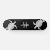Silver Turtle Tribal Black Background Monogram Skateboard (Horizontal)