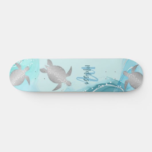 Silver Turtles Blue Marble Monogram Your Name Skateboard (Horizontal)