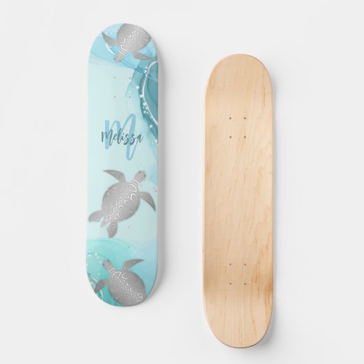 Silver Turtles Blue Marble Monogram Your Name Skateboard (Vorderseite)