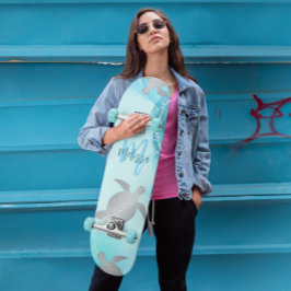 Silver Turtles Blue Marble Monogram Your Name Skateboard
