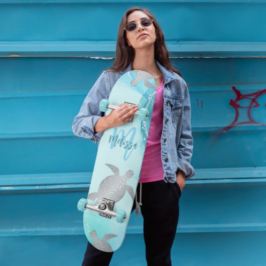 Silver Turtles Blue Marble Monogram Your Name Skateboard