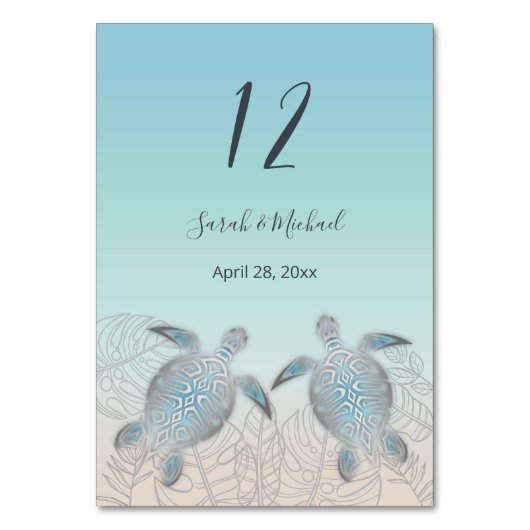 Silver Turtles Tropical Blätter Beach Wedding Tischnummer (Rückseite)