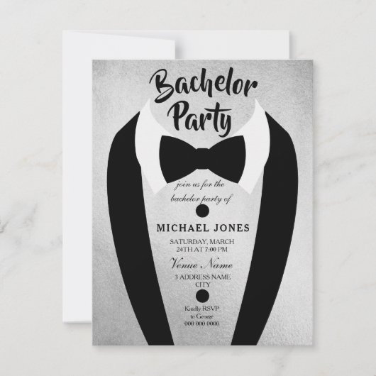 Silver Tuxedo Bow Krawatte Bachelor Party Einladun Einladung (Vorderseite)