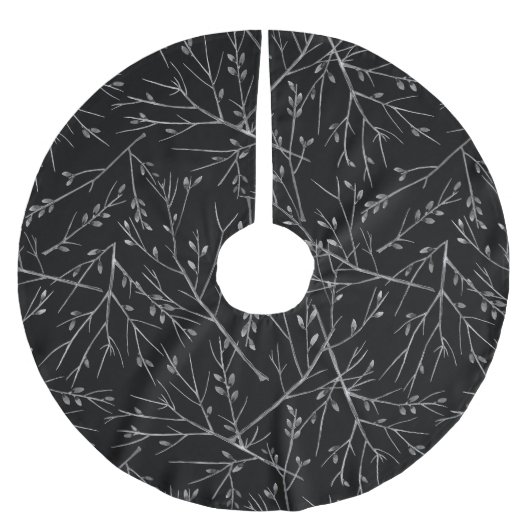 Silver Twigs on Black Polyester Weihnachtsbaumdecke (Vorderseite)