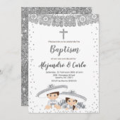 Silver Twin Boy and Girl Baptisse Einladung (Vorne/Hinten)