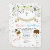 Silver Twin Boy Girl Kneel Erste Heilige Kommune Einladung (Vorne/Hinten)