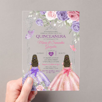 Silver Twin Princess Lila und rosa Quinceañera Acryleinladungen