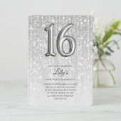 Silver Twinkle Lights Foil Ballon 16. Geburtstag Einladung (Stehend Vorderseite)