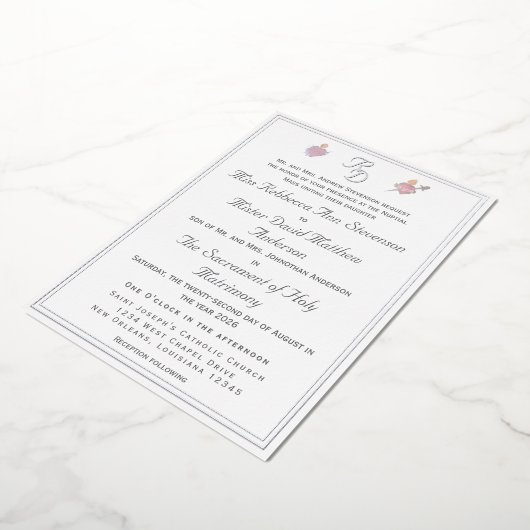Silver Two Hearts Catholic Wedding Foil Invitation Folieneinladung (Gedreht)