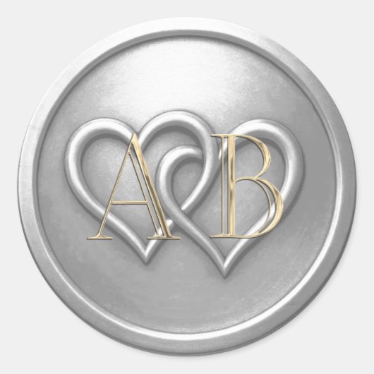 Silver Two Hearts Intertwined Monogram Wedding Runder Aufkleber (Vorderseite)