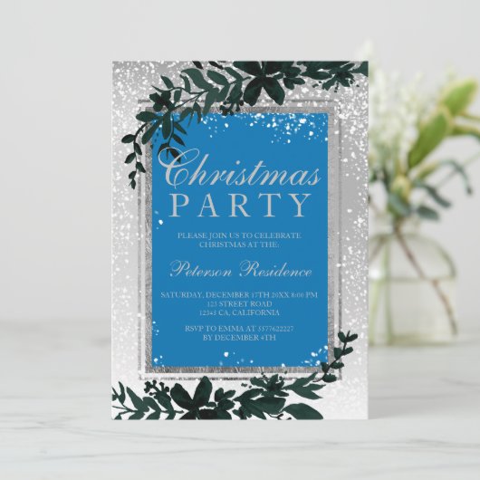 Silver typography leaf snow elegant chic Christmas Einladung (Stehend Vorderseite)