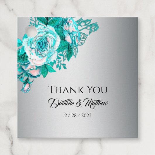 Silver und Aqua Rose Hochzeit Danke Geschenkanhänger (Vorderseite)