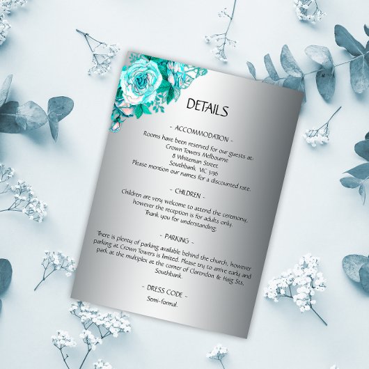 Silver und Aqua Rose Hochzeitdetails Begleitkarte