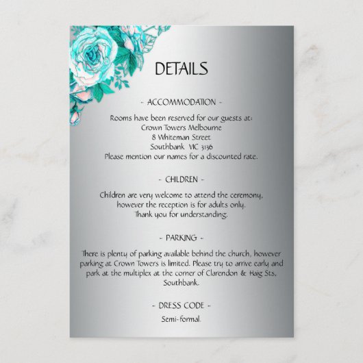 Silver und Aqua Rose Hochzeitdetails Begleitkarte (Vorderseite)
