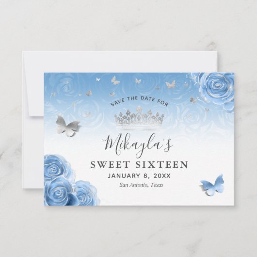 Silver und Bahama Blue Rose Elegant Save The Date (Vorderseite)