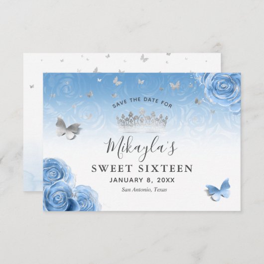 Silver und Bahama Blue Rose Elegant Save The Date (Vorne/Hinten)