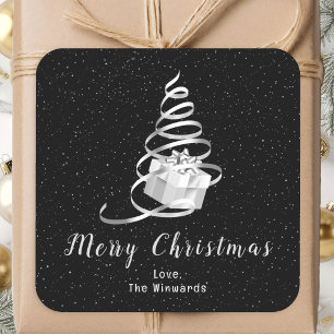 Silver und Black Ribbon Geschenk Frohe Weihnachten Quadratischer Aufkleber