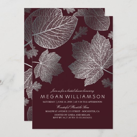 Silver und Burgund Blätter fallen Brautparty Einladung (Vorne/Hinten)