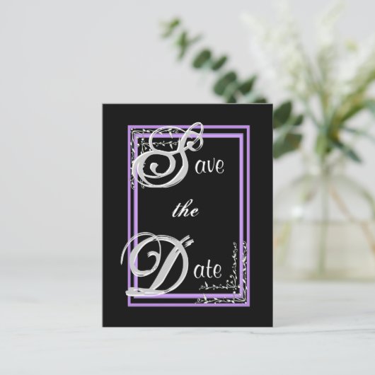 SILVER UND LILA Save the Date Postkarte (Stehend Vorderseite)