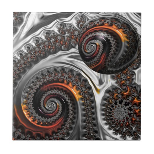 Silver und Orange Mandelbrot Sphere Keramik Tile Fliese (Vorderseite)