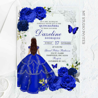 Silver und Royal Blue Princess Quinceañera Acryleinladungen