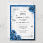 Silver und Royal Blue Rose Elegante Quinceanera Einladung (Vorderseite)