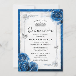 Silver und Royal Blue Rose Elegante Quinceanera Einladung
