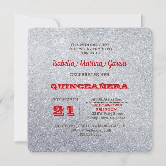 Silver und Ruby Red Funkelnd Quinceañera Einladung (Vorderseite)