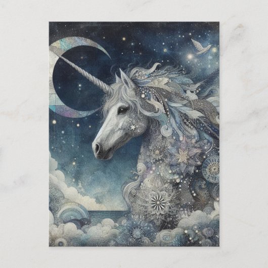 Silver Unicorn Collage With Moon Postkarte (Vorderseite)