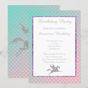 SILVER UNICORN PASTEL MERMAID PATTERN GEBURTSTAG EINLADUNG