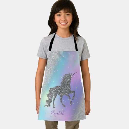 Silver Unicorn, Stars, Silver Bokeh Holographic Schürze (Insitu)