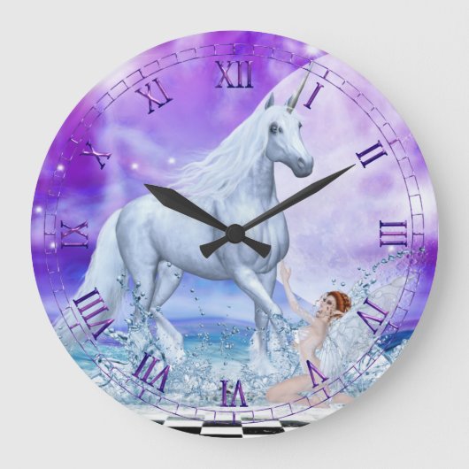 Silver Unicoron und Water Nymph Wall Clock Große Wanduhr (Vorderseite)