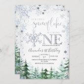 Silver Unser kleiner Schneeflocken Winterwald Gebu Einladung (Vorne/Hinten)