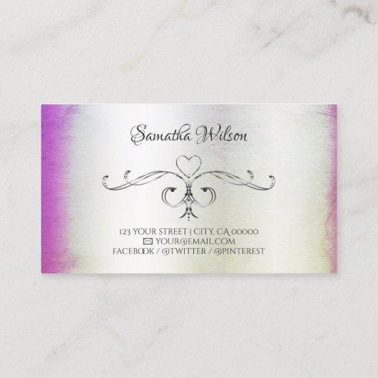 Silver Verziert Corners Lila Rosa Schimmliges Marm Visitenkarte (Rückseite)