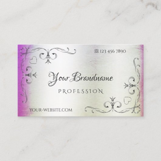 Silver Verziert Corners Lila Rosa Schimmliges Marm Visitenkarte (Vorderseite)