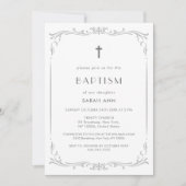 Silver Vintag Frame Taufe Christening Cross Einladung (Vorderseite)