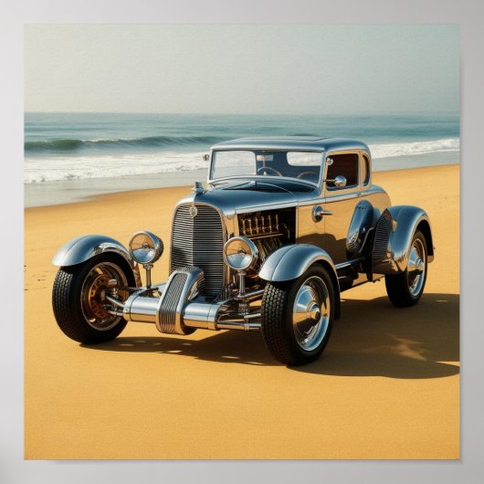 Silver Vintage Auto am Strand Poster (Vorne)