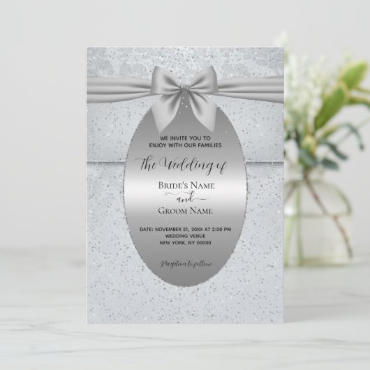 Silver Vintage with Bow Wedding Invitation Einladung (Stehend Vorderseite)