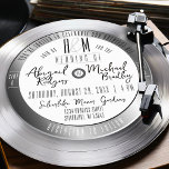 Silver Vinyl Record Monogram Unique Music Wedding Einladung<br><div class="desc">Diese einzigartige, Retro & Fun Silver Vinyl Record runde Form Hochzeitseinladung mit Musikthema Headline "You're Invited to Celebrate Our Bestste Hit" und lustigen monogramm Typografie Details in Schwarz und Weiß, verfügt über eine doppelseitige Retro-Vibe Silber-Schallplatte ("Side A / Side B"), mit Hochzeitswebsite, QR-Code und uAwg Online-Anleitung auf der Rückseite. Personalisieren...</div>