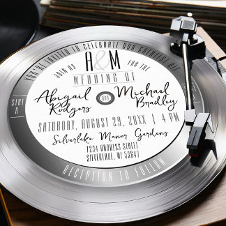 Silver Vinyl Record Monogram Unique Music Wedding Einladung