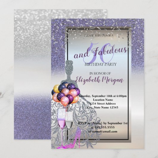 Silver Violet Glitzer Dress,50. Geburtstagsparty Einladung (Vorne/Hinten)