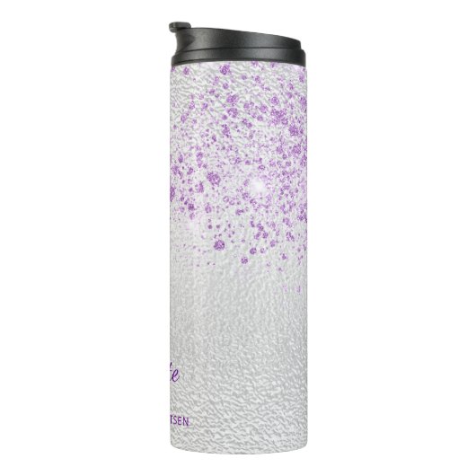 Silver violet Glitzer Monogramm Initialen Thermosbecher (Nach rechts gedreht)