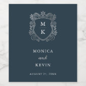 Silver Wappen | Elegant Dark Blue Wedding Monogram Weinetikett (Einzelnes Label)