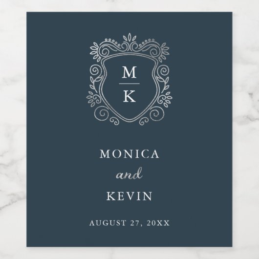 Silver Wappen | Elegant Dark Blue Wedding Monogram Weinetikett (Einzelnes Label)