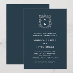 Silver Wappen Elegant Midnight Blue Wedding Einladung