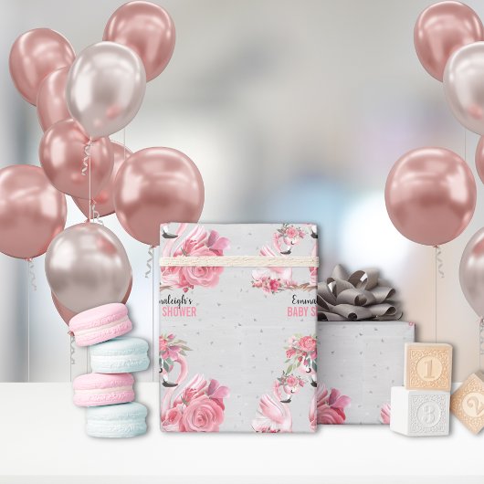 Silver Watercolor Flamingo Ballerina Babydusche Geschenkpapier