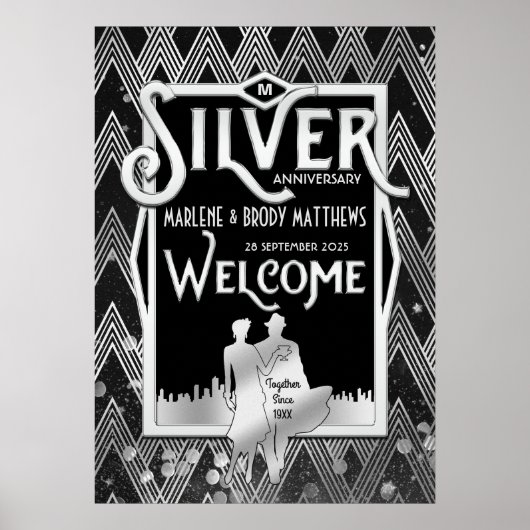 Silver Wedding Jubiläum Art Deco Party Willkommen Poster (Vorne)
