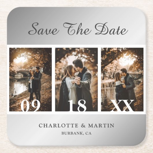 Silver Wedding Photo Save The Date Coasters Rechteckiger Pappuntersetzer (Vorderseite)