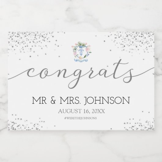 Silver Wedding Sparkling Wine Label mit Wappen Schaumweinetikett (Einzelnes Label)